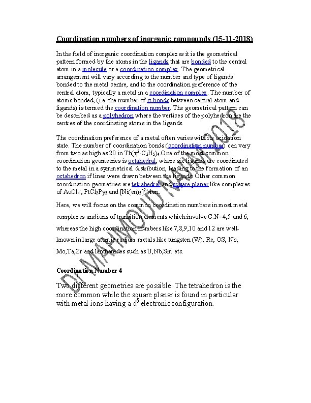 Coordination numbers of inorganic compounds (15 -11 -2018) In the field of inorganic coordination