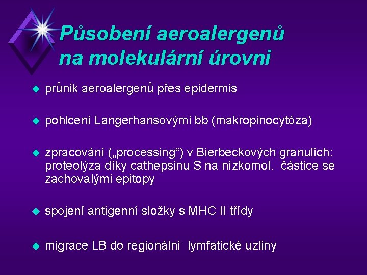 Působení aeroalergenů na molekulární úrovni u průnik aeroalergenů přes epidermis u pohlcení Langerhansovými bb