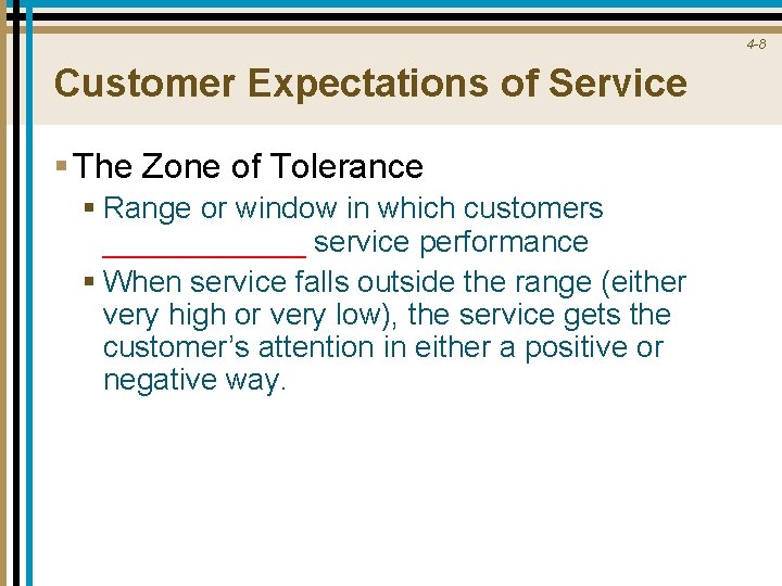 4 -8 Customer Expectations of Service § The Zone of Tolerance § Range or