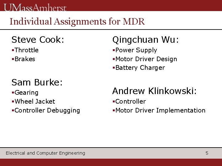 Individual Assignments for MDR Steve Cook: Qingchuan Wu: §Throttle §Brakes §Power Supply §Motor Driver