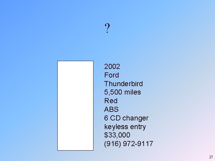 ? Year Make Model Mileage Features Price Phone 2002 Ford Thunderbird 5, 500 miles ? Year Make Model Mileage Features Price Phone 2002 Ford Thunderbird 5, 500 miles