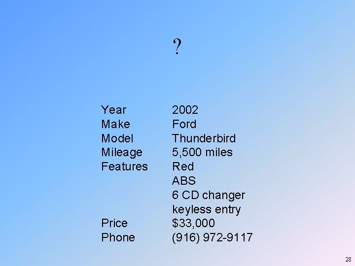 ? Year Make Model Mileage Features Price Phone 2002 Ford Thunderbird 5, 500 miles ? Year Make Model Mileage Features Price Phone 2002 Ford Thunderbird 5, 500 miles