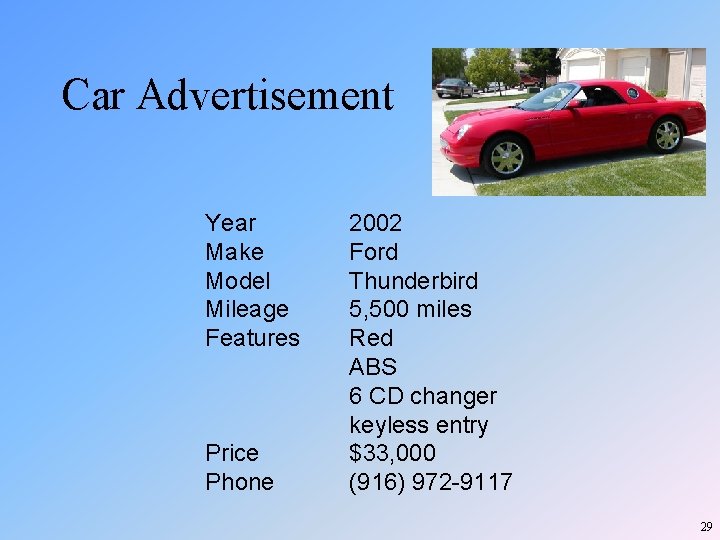 Car Advertisement Year Make Model Mileage Features Price Phone 2002 Ford Thunderbird 5, 500 Car Advertisement Year Make Model Mileage Features Price Phone 2002 Ford Thunderbird 5, 500