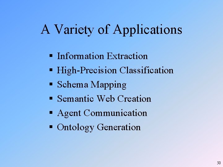 A Variety of Applications § § § Information Extraction High-Precision Classification Schema Mapping Semantic A Variety of Applications § § § Information Extraction High-Precision Classification Schema Mapping Semantic