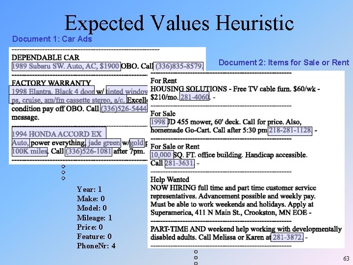 Expected Values Heuristic Document 1: Car Ads Document 2: Items for Sale or Rent Expected Values Heuristic Document 1: Car Ads Document 2: Items for Sale or Rent