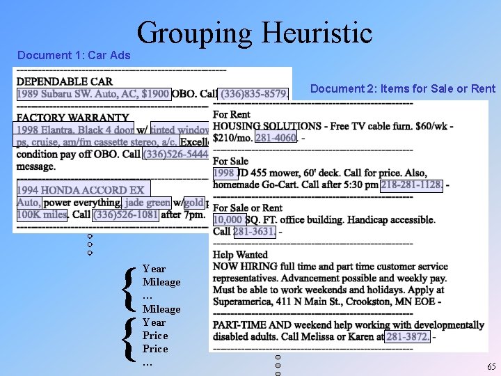 Grouping Heuristic Document 1: Car Ads Document 2: Items for Sale or Rent { Grouping Heuristic Document 1: Car Ads Document 2: Items for Sale or Rent {