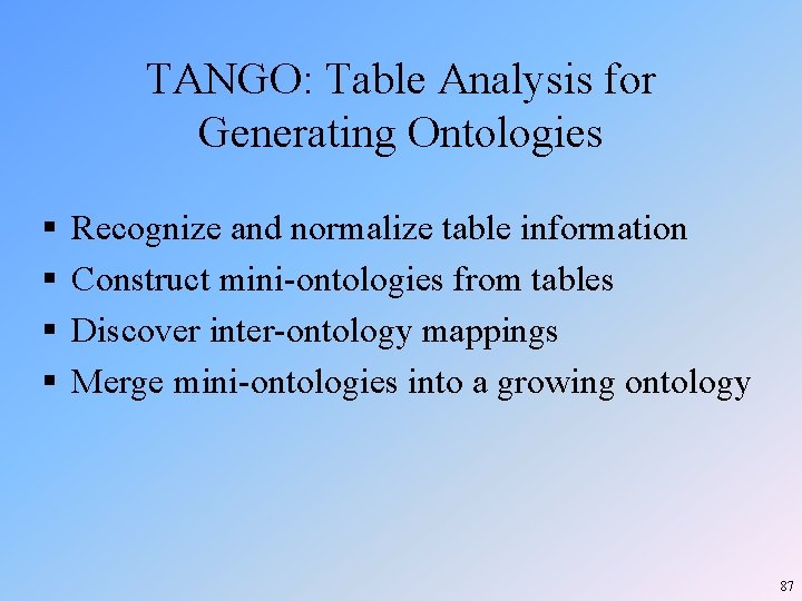 TANGO: Table Analysis for Generating Ontologies § § Recognize and normalize table information Construct TANGO: Table Analysis for Generating Ontologies § § Recognize and normalize table information Construct