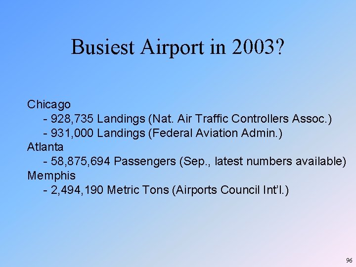 Busiest Airport in 2003? Chicago - 928, 735 Landings (Nat. Air Traffic Controllers Assoc. Busiest Airport in 2003? Chicago - 928, 735 Landings (Nat. Air Traffic Controllers Assoc.
