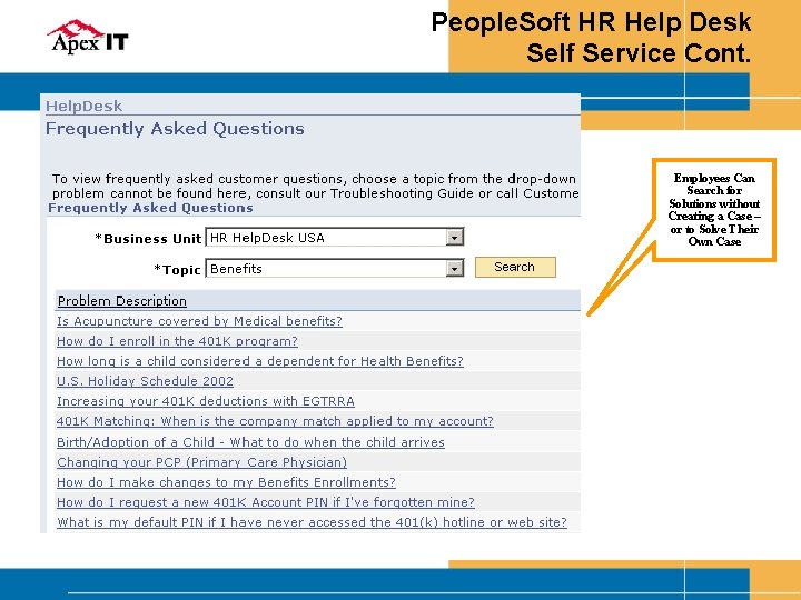 People. Soft HR Help Desk Self Service Cont. Employees Can Search for Solutions without