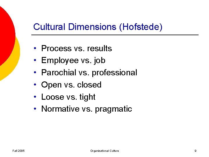 Cultural Dimensions (Hofstede) • • • Fall 2005 Process vs. results Employee vs. job