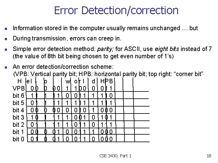 Error Detection/correction n Information stored in the computer usually remains unchanged … but n