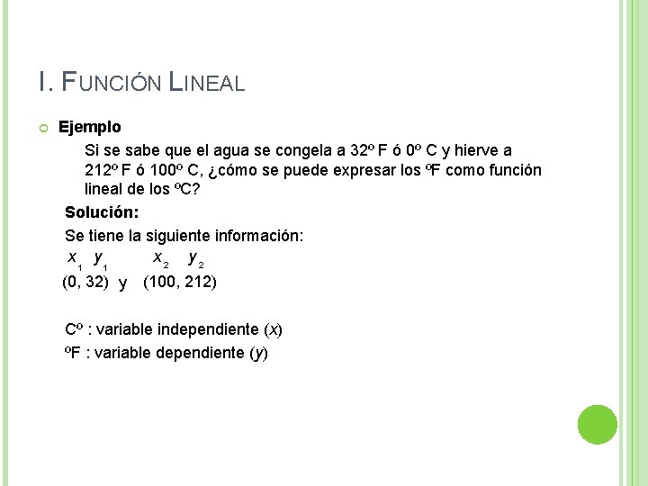 I. FUNCIÓN LINEAL Ejemplo Si se sabe que el agua se congela a 32º I. FUNCIÓN LINEAL Ejemplo Si se sabe que el agua se congela a 32º