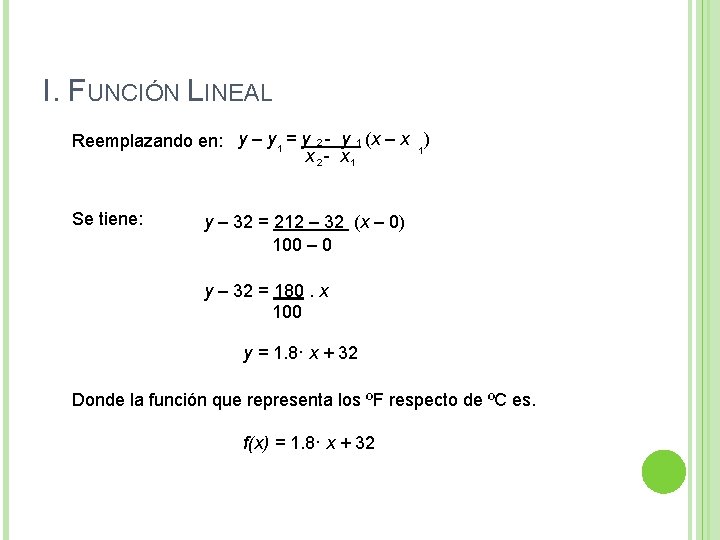 I. FUNCIÓN LINEAL Reemplazando en: y – y 1 = y 2 - y I. FUNCIÓN LINEAL Reemplazando en: y – y 1 = y 2 - y