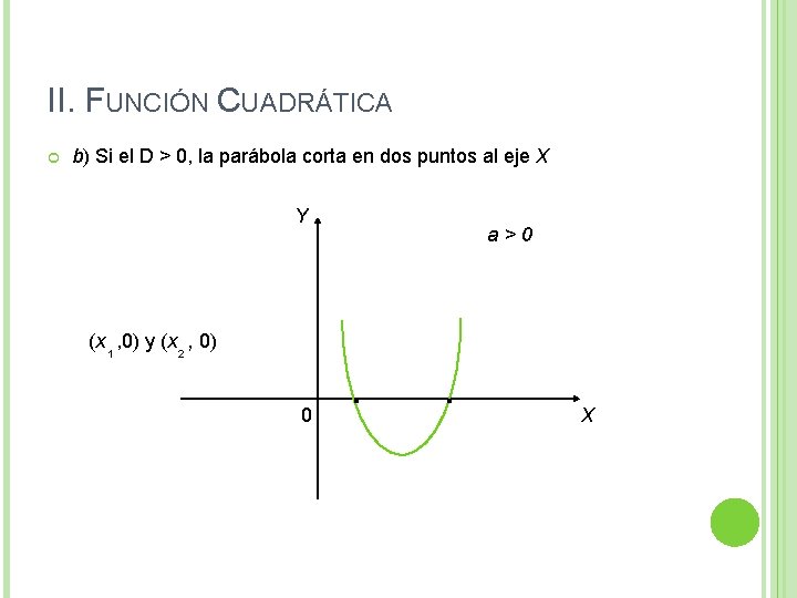 II. FUNCIÓN CUADRÁTICA b) Si el D > 0, la parábola corta en dos II. FUNCIÓN CUADRÁTICA b) Si el D > 0, la parábola corta en dos