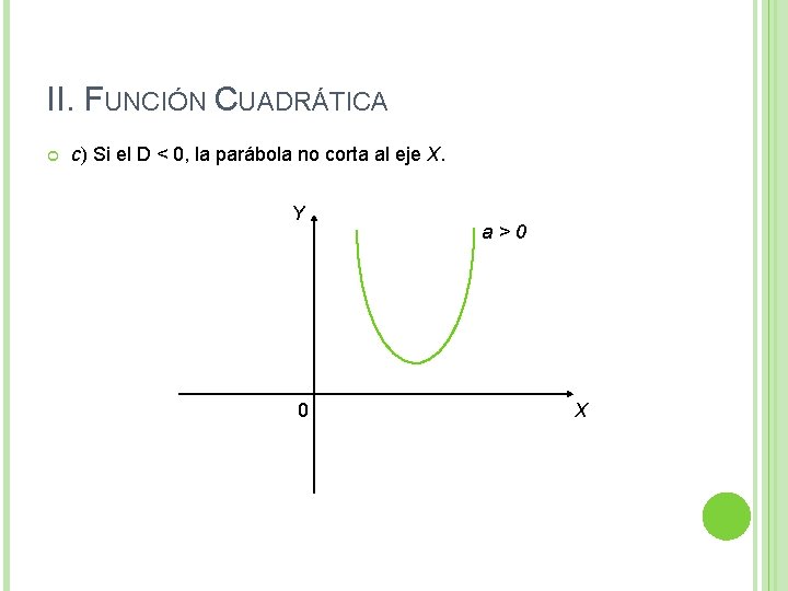 II. FUNCIÓN CUADRÁTICA c) Si el D < 0, la parábola no corta al II. FUNCIÓN CUADRÁTICA c) Si el D < 0, la parábola no corta al