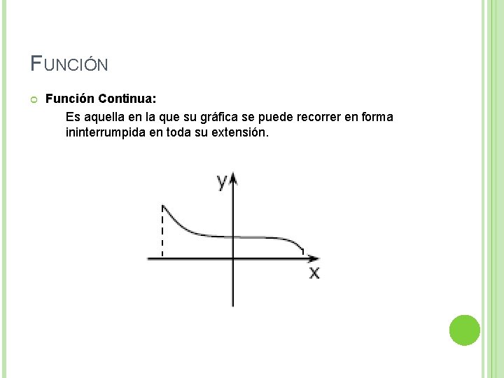 FUNCIÓN Función Continua: Es aquella en la que su gráfica se puede recorrer en FUNCIÓN Función Continua: Es aquella en la que su gráfica se puede recorrer en