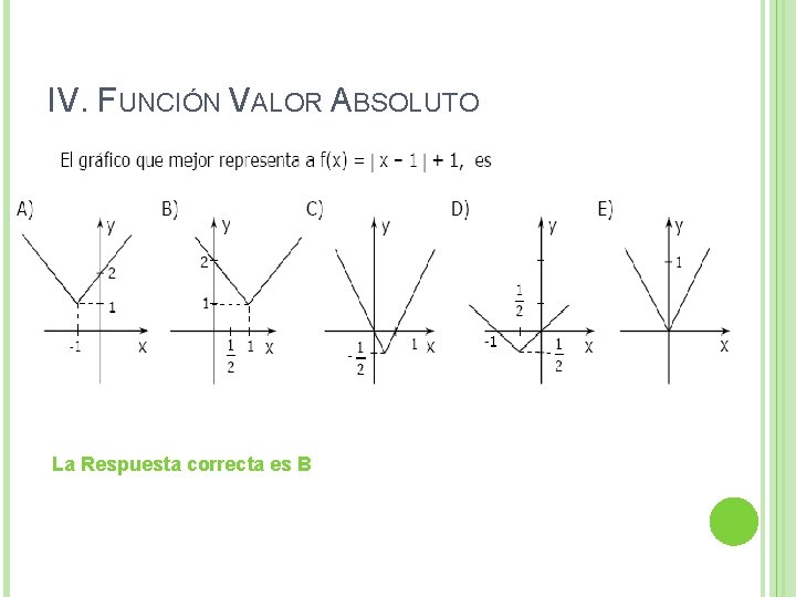 IV. FUNCIÓN VALOR ABSOLUTO La Respuesta correcta es B IV. FUNCIÓN VALOR ABSOLUTO La Respuesta correcta es B