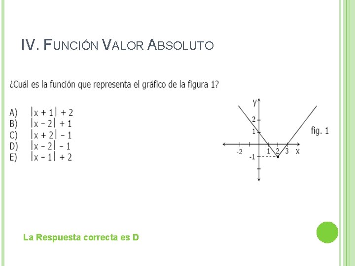 IV. FUNCIÓN VALOR ABSOLUTO La Respuesta correcta es D IV. FUNCIÓN VALOR ABSOLUTO La Respuesta correcta es D