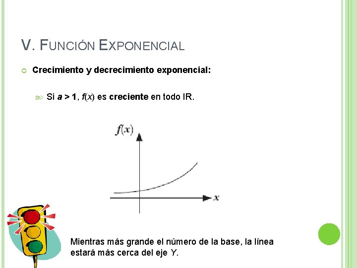 V. FUNCIÓN EXPONENCIAL Crecimiento y decrecimiento exponencial: Si a > 1, f(x) es creciente V. FUNCIÓN EXPONENCIAL Crecimiento y decrecimiento exponencial: Si a > 1, f(x) es creciente