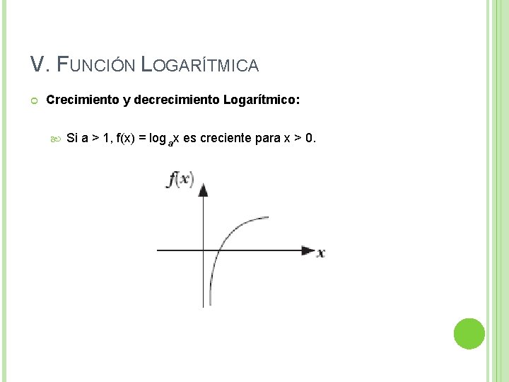 V. FUNCIÓN LOGARÍTMICA Crecimiento y decrecimiento Logarítmico: Si a > 1, f(x) = log V. FUNCIÓN LOGARÍTMICA Crecimiento y decrecimiento Logarítmico: Si a > 1, f(x) = log