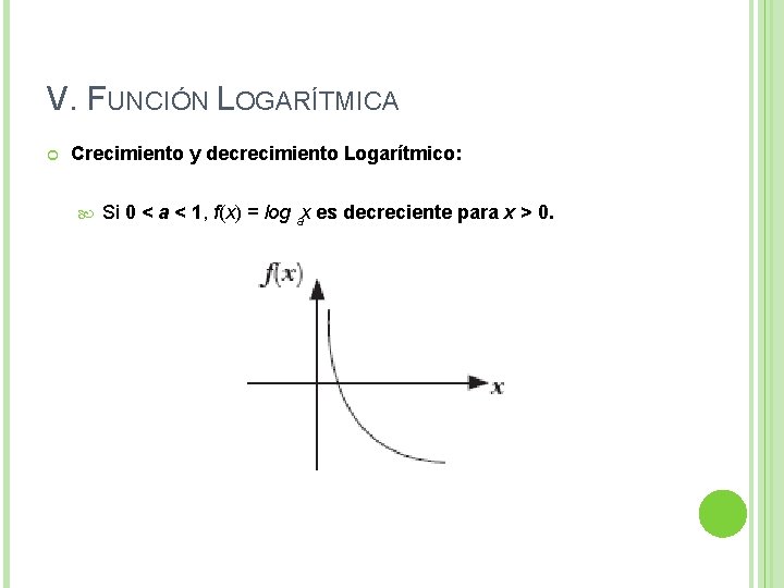 V. FUNCIÓN LOGARÍTMICA Crecimiento y decrecimiento Logarítmico: Si 0 < a < 1, f(x) V. FUNCIÓN LOGARÍTMICA Crecimiento y decrecimiento Logarítmico: Si 0 < a < 1, f(x)