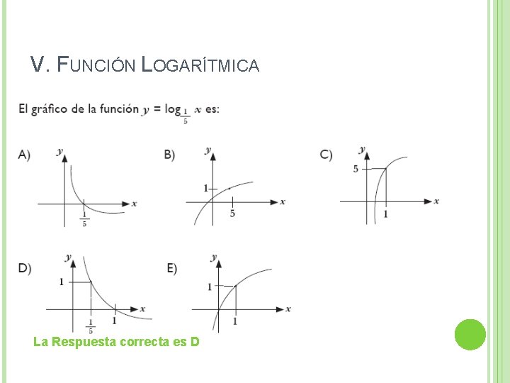 V. FUNCIÓN LOGARÍTMICA La Respuesta correcta es D V. FUNCIÓN LOGARÍTMICA La Respuesta correcta es D