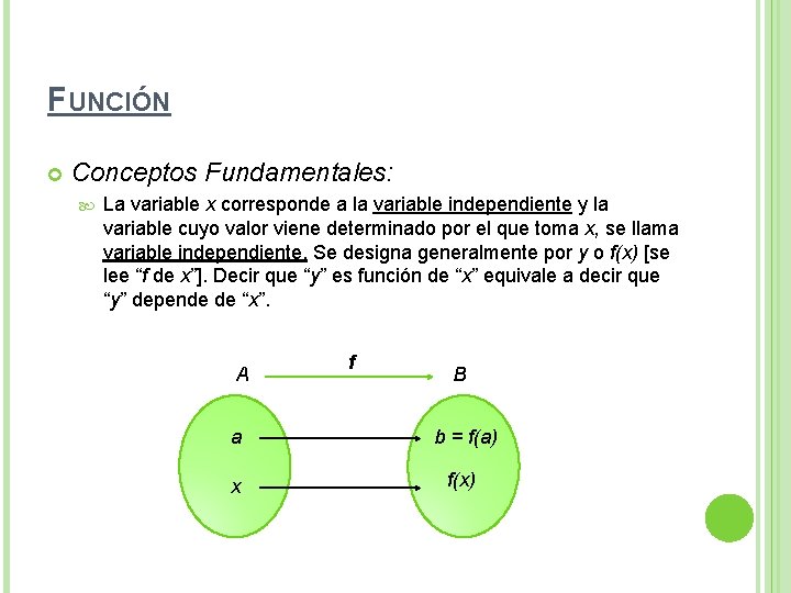 FUNCIÓN Conceptos Fundamentales: La variable x corresponde a la variable independiente y la variable FUNCIÓN Conceptos Fundamentales: La variable x corresponde a la variable independiente y la variable