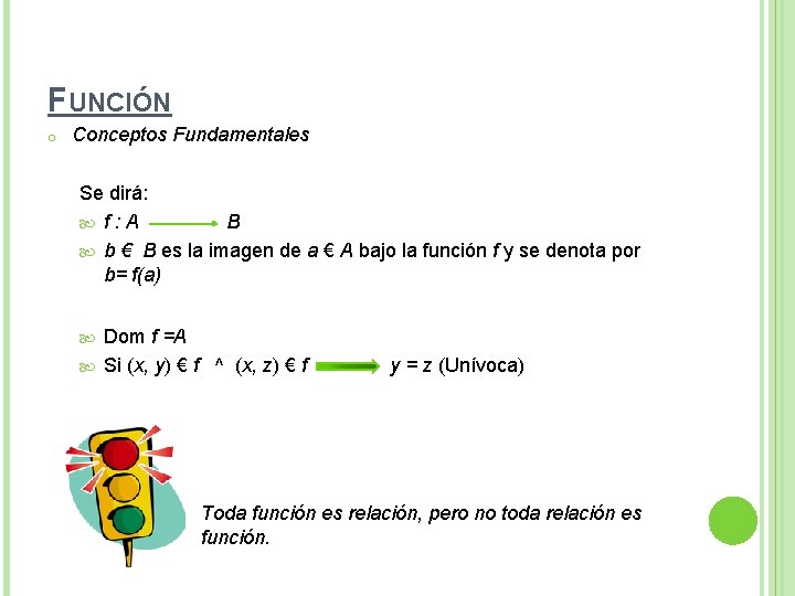 FUNCIÓN o Conceptos Fundamentales Se dirá: f: A B b € B es la FUNCIÓN o Conceptos Fundamentales Se dirá: f: A B b € B es la