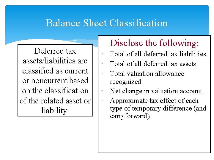 Balance Sheet Classification Deferred tax assets/liabilities are classified as current or noncurrent based on