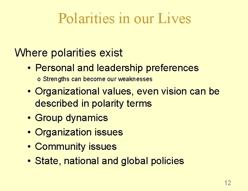 Polarities in our Lives Where polarities exist • Personal and leadership preferences o Strengths