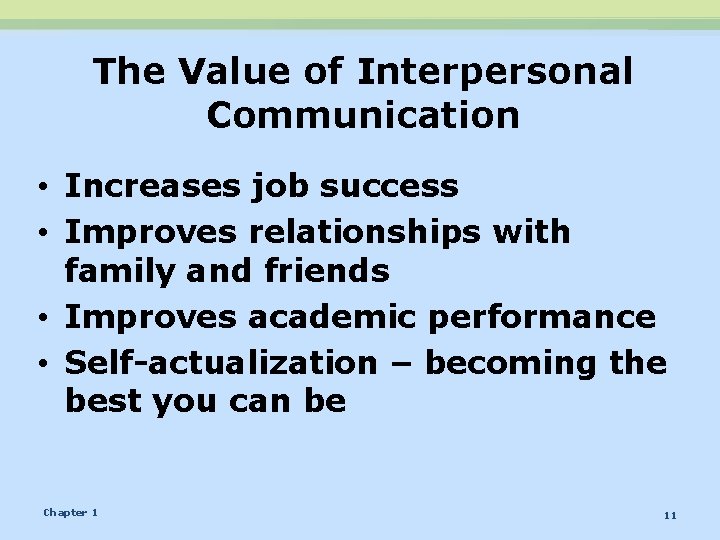 The Value of Interpersonal Communication • Increases job success • Improves relationships with family