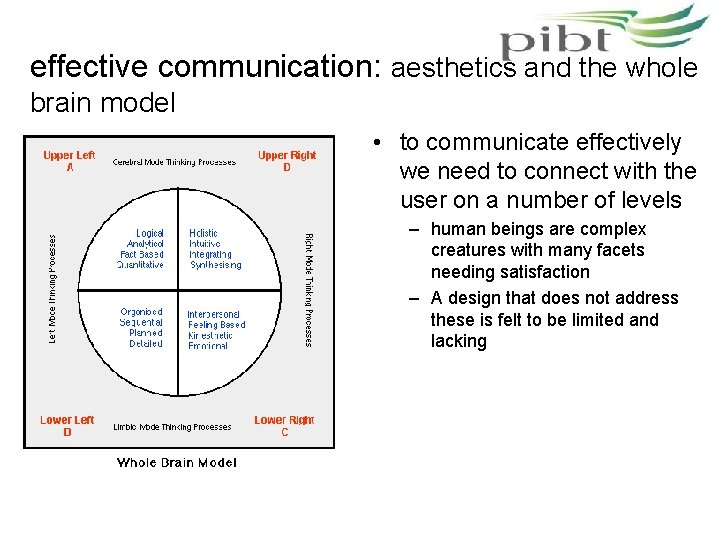 effective communication: aesthetics and the whole brain model • to communicate effectively we need