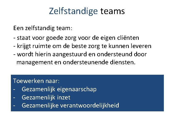 Zelfstandige teams Een zelfstandig team: - staat voor goede zorg voor de eigen cliënten