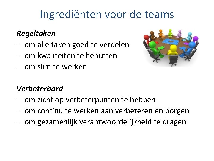 Ingrediënten voor de teams Regeltaken om alle taken goed te verdelen om kwaliteiten te