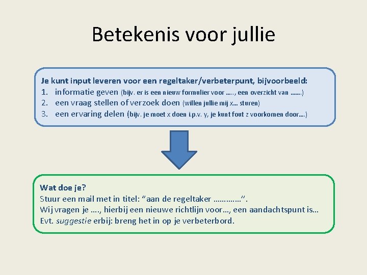 Betekenis voor jullie Je kunt input leveren voor een regeltaker/verbeterpunt, bijvoorbeeld: 1. informatie geven