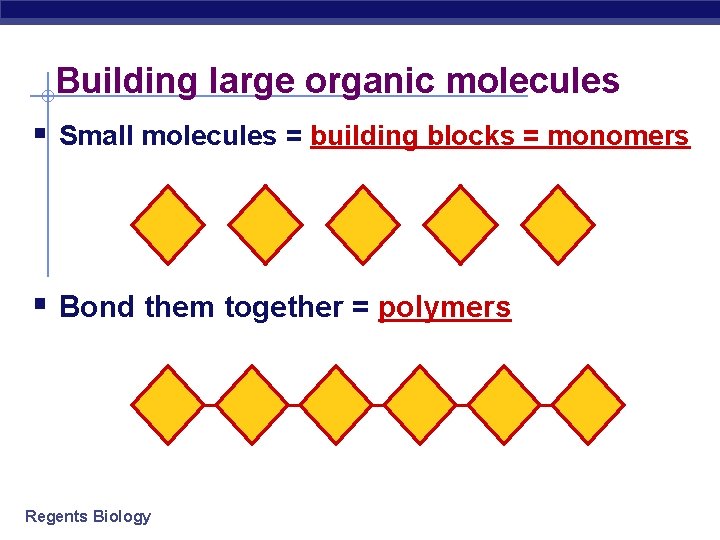 Building large organic molecules § Small molecules = building blocks = monomers § Bond
