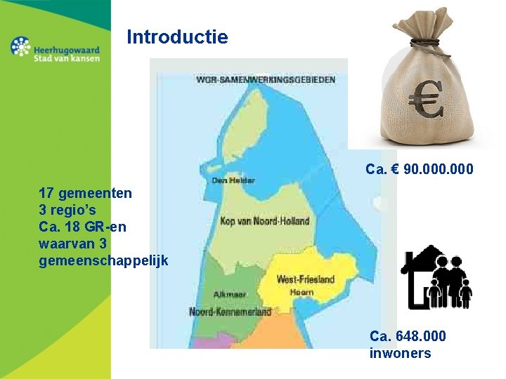 Introductie Ca. € 90. 000 17 gemeenten 3 regio’s Ca. 18 GR-en waarvan 3