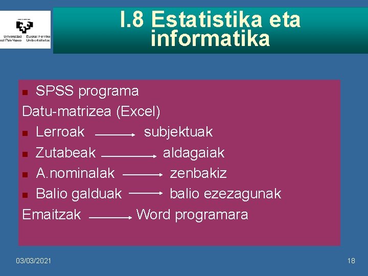 I. 8 Estatistika eta informatika SPSS programa Datu-matrizea (Excel) n Lerroak subjektuak n Zutabeak