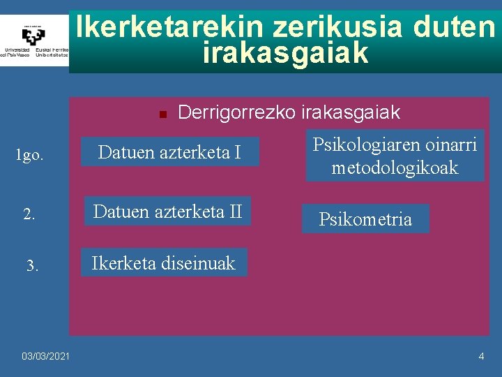 Ikerketarekin zerikusia duten irakasgaiak n Derrigorrezko irakasgaiak 1 go. Datuen azterketa I 2. Datuen