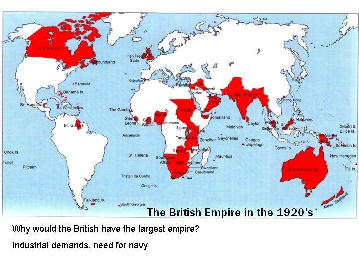 Why would the British have the largest empire? Industrial demands, need for navy 
