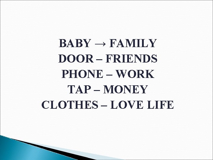 BABY → FAMILY DOOR – FRIENDS PHONE – WORK TAP – MONEY CLOTHES –