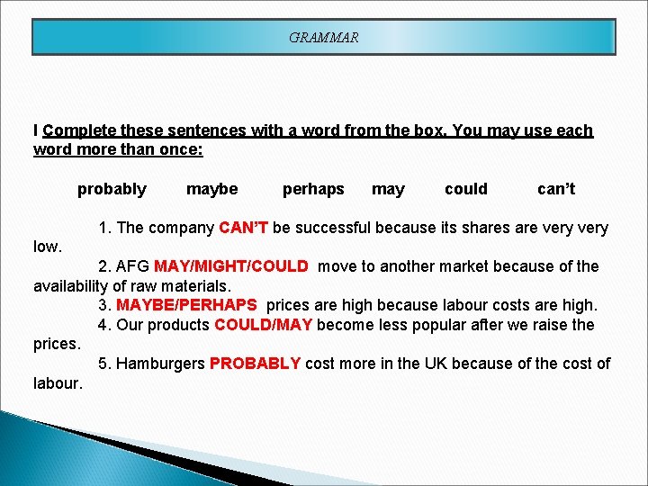 GRAMMAR I Complete these sentences with a word from the box. You may use