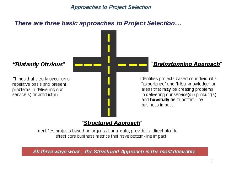 Approaches to Project Selection There are three basic approaches to Project Selection… “Brainstorming Approach”