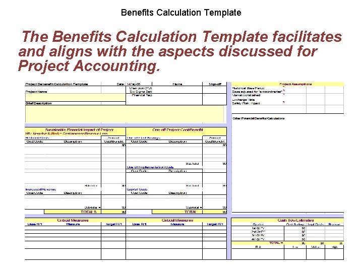 Benefits Calculation Template The Benefits Calculation Template facilitates and aligns with the aspects discussed