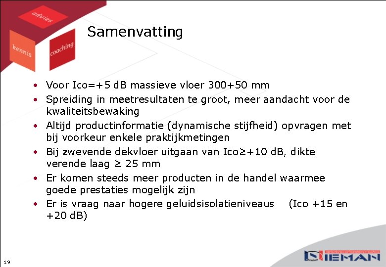 Samenvatting • Voor Ico=+5 d. B massieve vloer 300+50 mm • Spreiding in meetresultaten