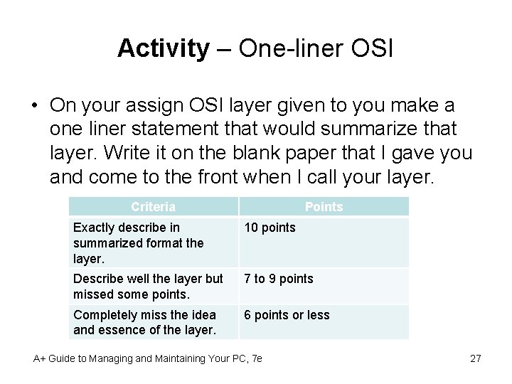 Activity – One-liner OSI • On your assign OSI layer given to you make