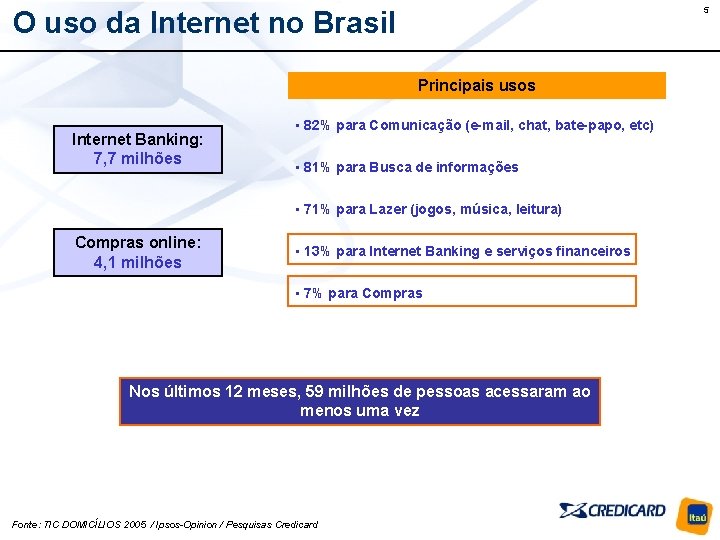 5 O uso da Internet no Brasil Principais usos Internet Banking: 7, 7 milhões