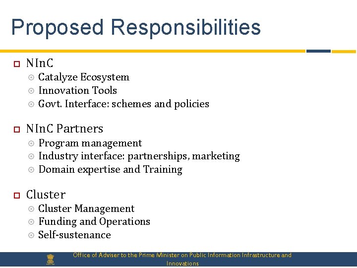 Proposed Responsibilities NIn. C Partners Catalyze Ecosystem Innovation Tools Govt. Interface: schemes and policies