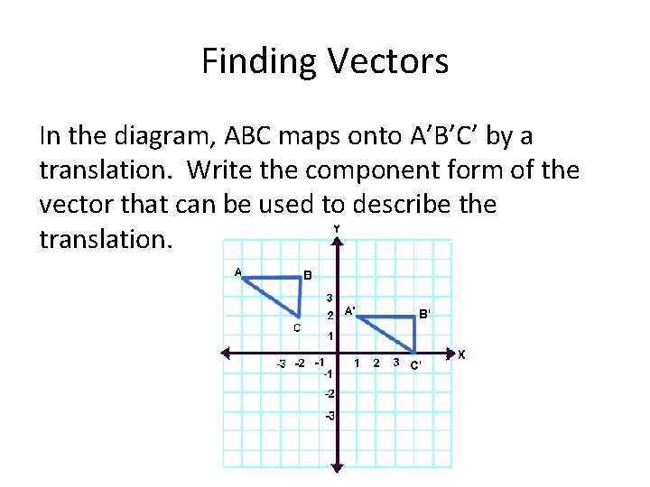 Finding Vectors In the diagram, ABC maps onto A’B’C’ by a translation. Write the