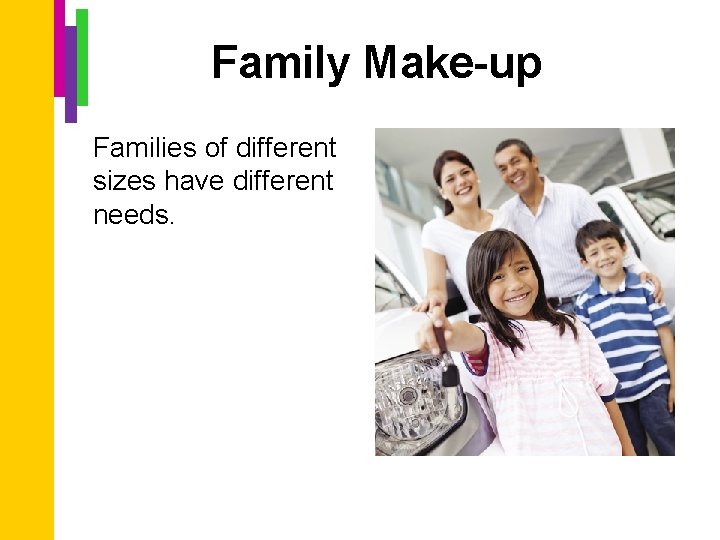 Family Make-up Families of different sizes have different needs. 